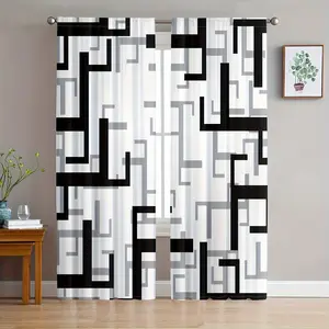 2 Pieces, Abstract Black and White Geometric Square Digital Printed Living Room Decorative Curtains, Semi-Transparent Curtains for Privacy Protection in Bedroom and Living Room