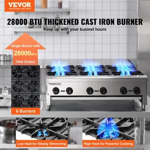 VEVOR Commercial Gas Stove with 4 Burners, Propane and Natural Gas Countertop Cooking Stove Range, Stainless Steel Gas Hot Plate, Commercial Cooking Equipment for Restaurant, 112, 000 BTU