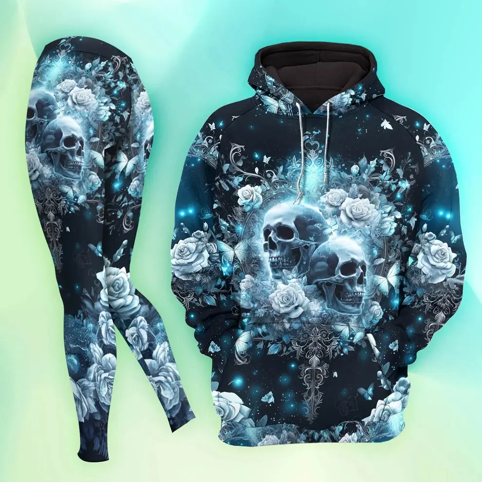 Skulls Rose Floral Hoodie And Leggings, Gothic Halloween Tracksuit, Aesthetic Autumn Graphic Outfit, Spooky Season Streetwear Tracksuit