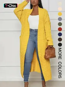 Women's Solid Color Pocket Open Front Twist Knit Cardigan, Casual Long Sleeve Knitwear for Fall & Winter, Women's Knit Clothing for Daily Wear, Womenswear, Knitting