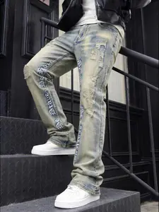 Men's Embroidered Denim Jeans, Loose-Fitting Flare Pants, Button Fly Closure, Y2K Stacked Style, Streetwear, All Seasons Wear, Casual Fit