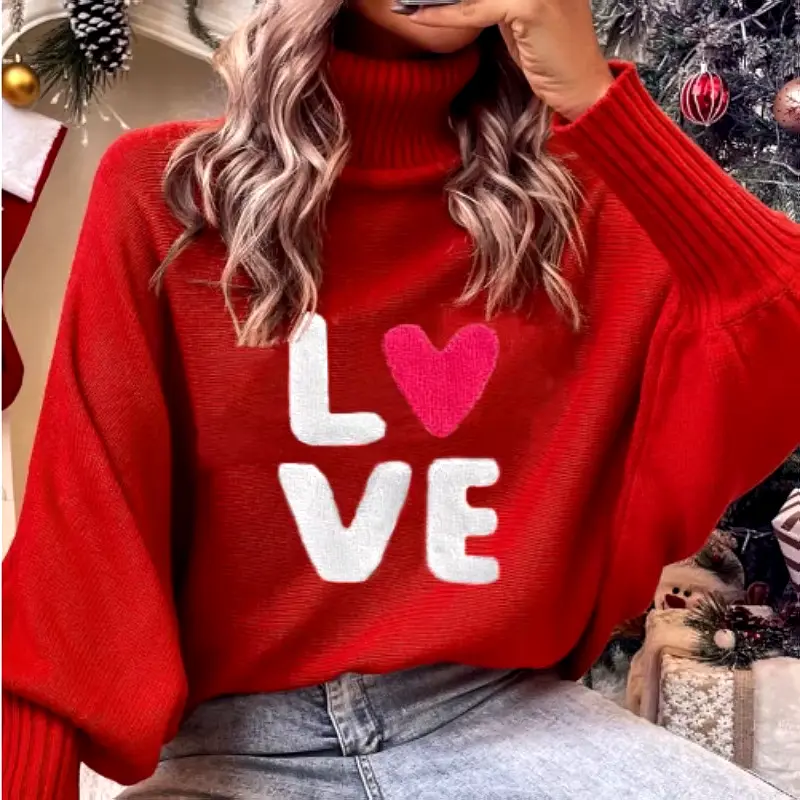 2024 Christmas Knitted Sweater for Women - Turtleneck Bat Sleeve Loose Pullover in Red with Merry Letter Embroidery - Knitwear, Womenswear