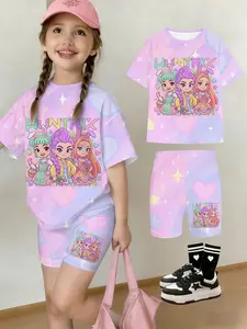 Girls Summer Two-Piece Suit with Drop Shoulder Short Sleeve Top and Yoga Pants in Gradient with Heart K-Pop Cartoon Print, Casual and Trendy for Daily Activities and Outdoor Play