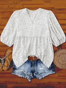 Korean Style Polka Dot Babydoll Top, V Neck + Puff Sleeve Design, Loose Fit Slimming Effect, Pair with Jeans for Summer Fashion