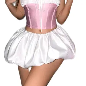 Y2k Spring Solid Color Low Waist Pleated Bubble Fower Mini Skirt,Ladies Frill,Lace Up Mini Regular Fit Ultra Low Waist White Plain Women Skirts,Casual Daily Wear