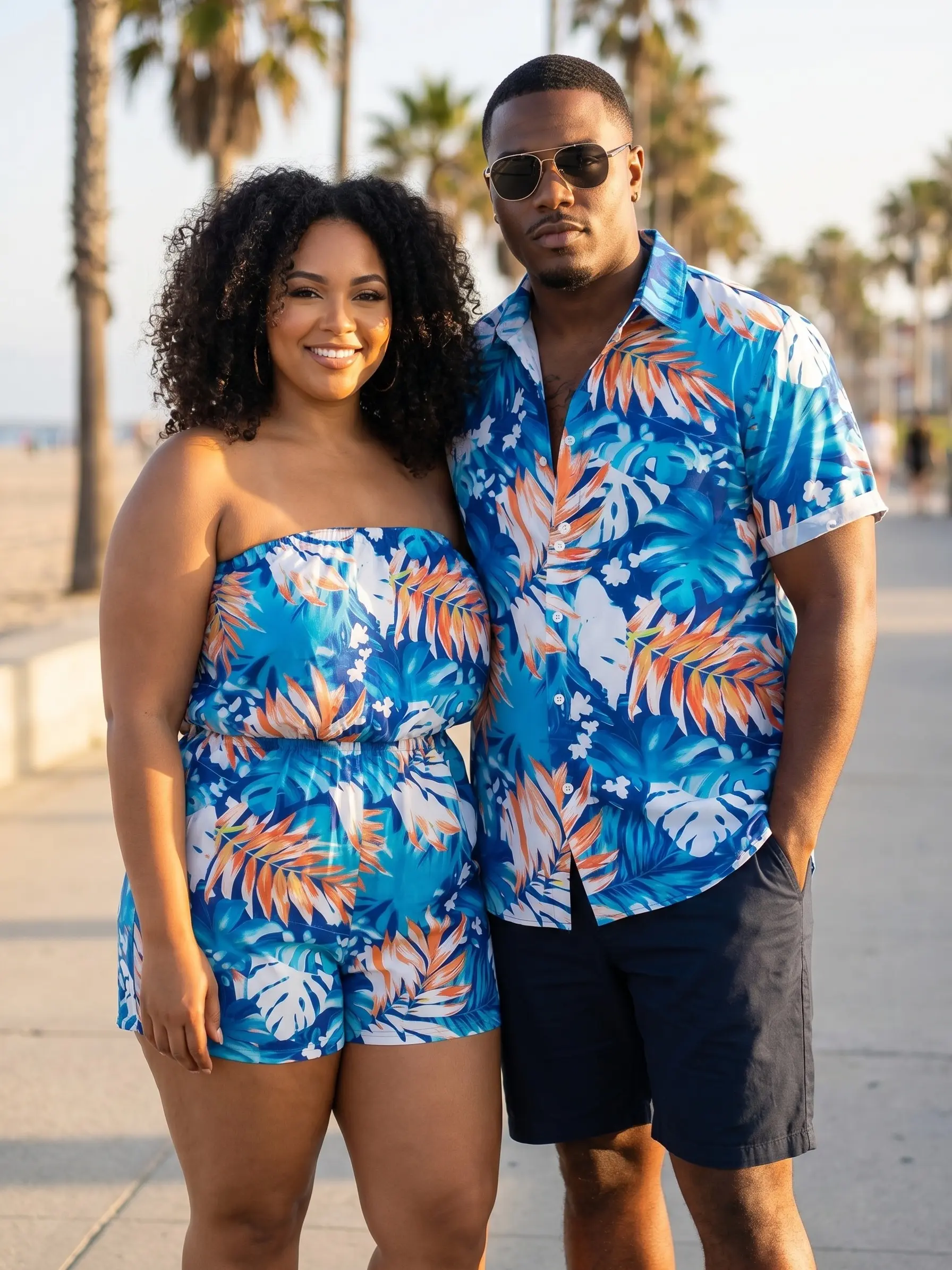 Hawaii Vacation Couple Outfit for Beach Colorblock Tropical Monstera Leaf Print Pocket Off the Shoulder Romper and Shirt Set