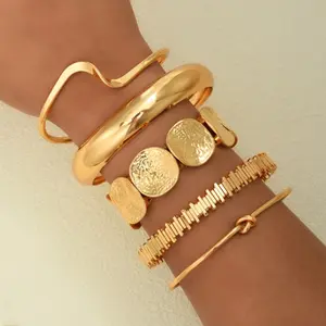 5-Piece Vintage Bold Geometric Wide MetalBangle Set,Unique Daily Wear Gift forWomen,Elegant Jewelry Accessory,GoldenTone Bracelet,Gift for Women