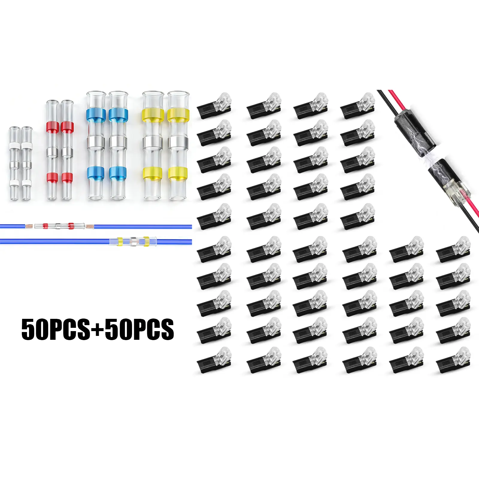 100PCS Automotive Electrical Wire Connectors – No Crimp Quick Splice 18-22 AWG & Solder Seal Heat Shrink Waterproof Butt Connectors 12-10/16-14/22-18/26-24 AWG, for Car Stereo Trailer Wiring, Boat Marine, Home Appliance Repair