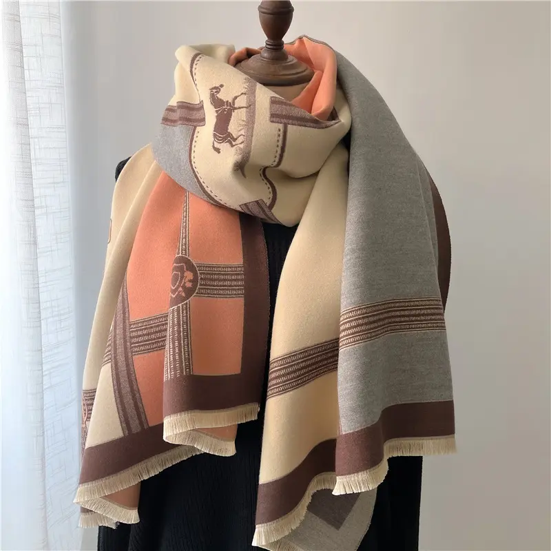 BIGWIG Bohemian style horse tassel trim scarf, autumn and winter casual soft warm shawl, women's fashion accessories, luxury long scarf, women's vintage imitation horse cashmere shawl, color matching tassel brushed scarf