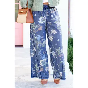 Floral Print Washed Wide Leg Denim Pants