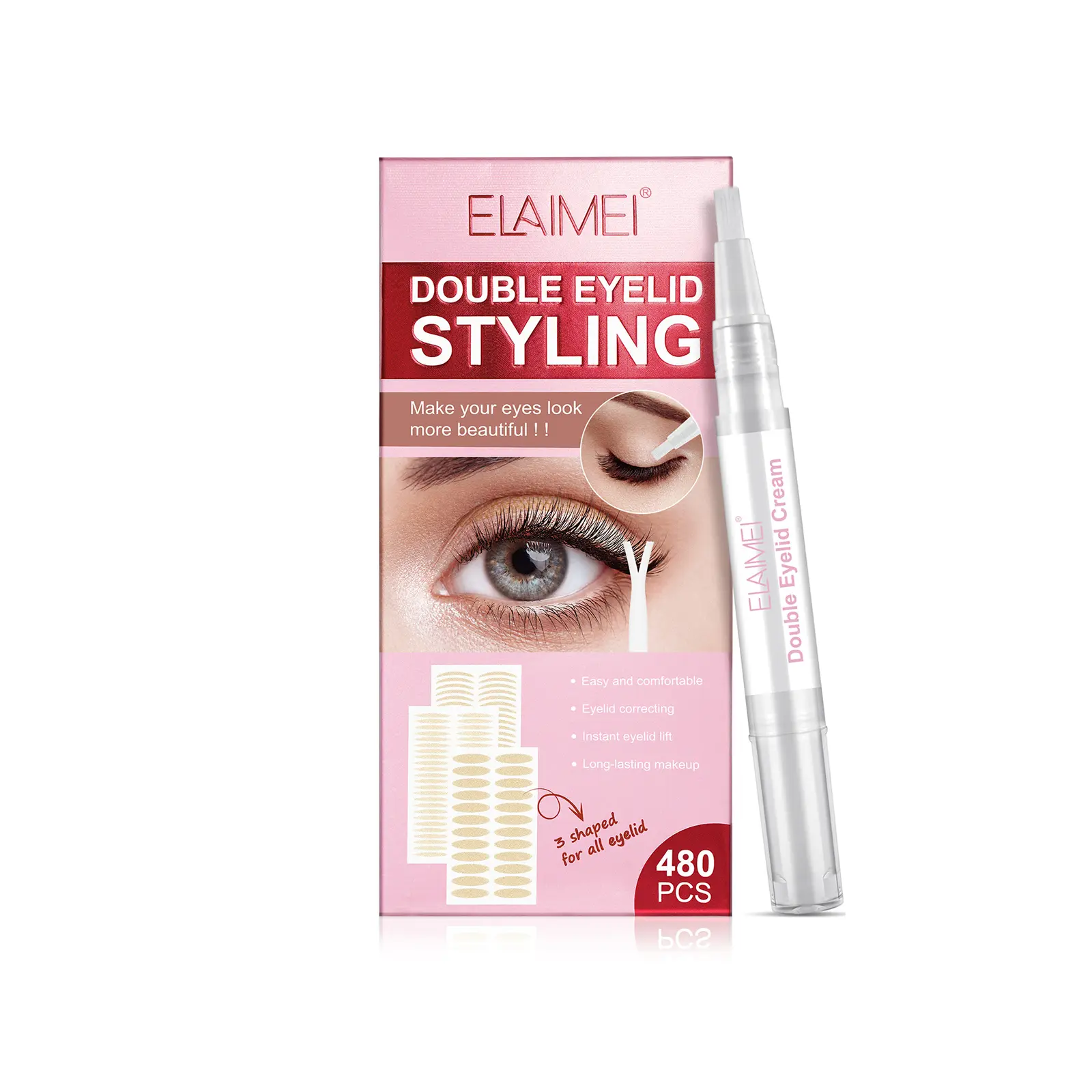 Elaimei 480Pcs Double Eyelid Tape Kit with Styling Cream, Waterproof Invisible Eyelid Sticks & Tools for Big Eye Makeup