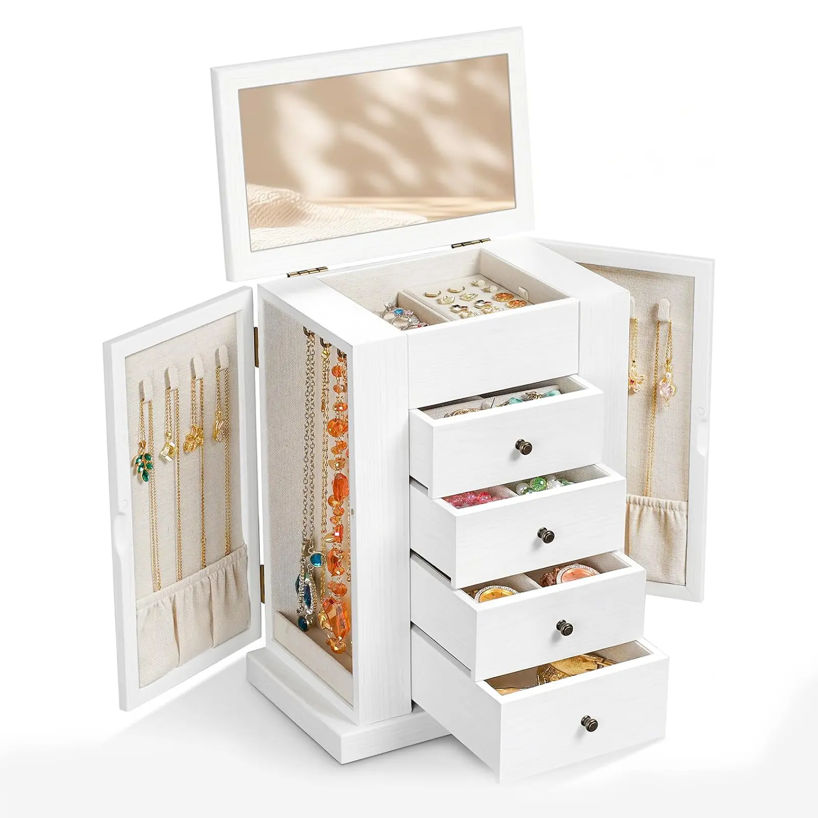 Large Wooden Jewelry Box with Mirror, 4 Drawers and Side Necklace Hooks, Linen-Lined Organizer, Vintage White