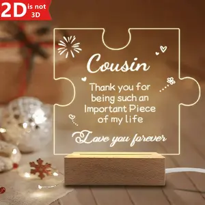 1 Count Acrylic Night Light with USB, Wooden Base – Gift for Cousin, Acrylic Puzzle Plaque, Desk Decoration for Cousins, Birthday, Christmas, Wedding Gift