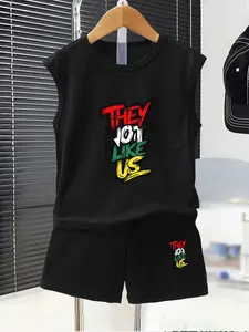 Boys Sleeveless Vest & Shorts Set, Letter Print, Loose Fit, Casual Street Style, Comfortable for School, Weekend Outing, Outdoor Sports