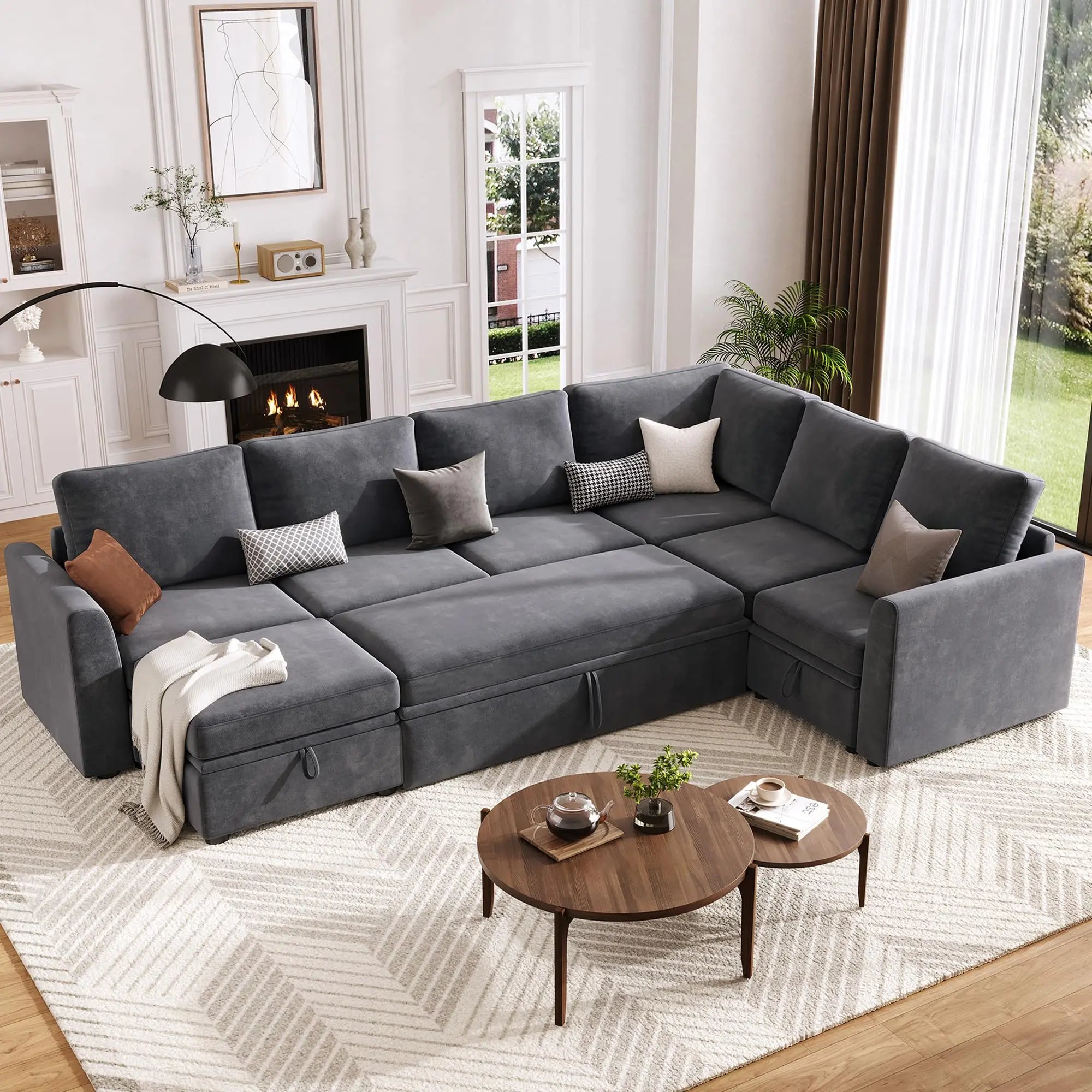 7 Seat U Shaped Chenille Modular Sectional Sleeper Couch with Pull Out Sofa Bed L Shaped Sofa Storage Seat and 2 Ottomans Large Sectional for Spacious Living Room