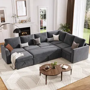 7 Seat U Shaped Chenille Modular Sectional Sleeper Couch with Pull Out Sofa Bed L Shaped Sofa Storage Seat and 2 Ottomans Large Sectional for Spacious Living Room