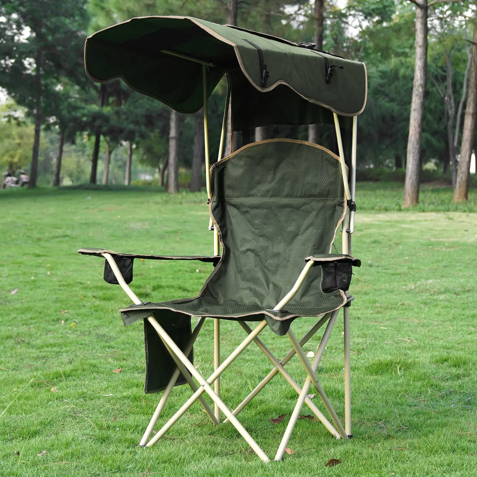 New Upgrade Wide lawn chair, camping chair with foldable sunshade, suitable for beach camping, foldable outdoor fishing/sports | Comes with two cup ho