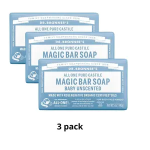 Dr. Bronner's 3 Pack Pure-Castile Magic Bar Soap Baby Unscented All-One Organic Certified Oils for Face Body Hands