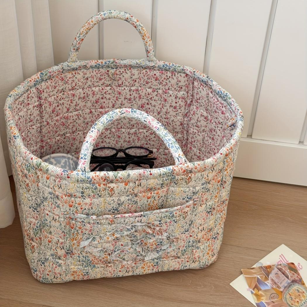 Floral patchwork ruffle storage basket, large-capacity fabric tote organizer, laundry hamper, available in multiple colors