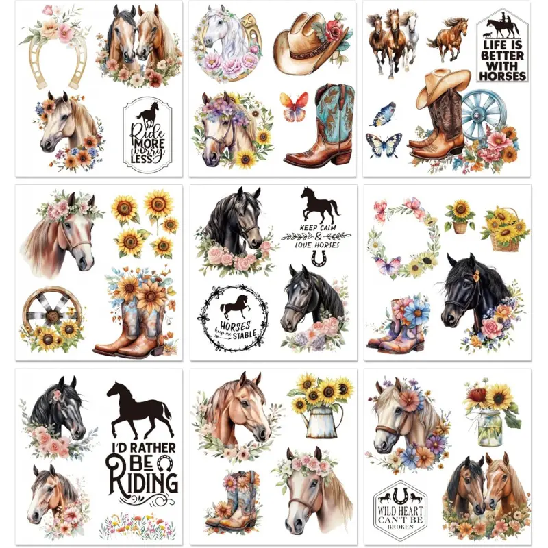 9 Sheets Retro Rub on Transfers for Crafts, Horse Theme Furniture Transfer Stickers Cowboy Hat Shoes Rub on Stickers Decals forDressers Glass Porcelain DIY Home Decor, 5.9" x 5.9"