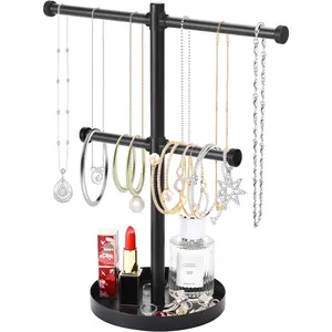 Necklace Holder Organizer Stand,2-Tier Sturdy Metal Jewelry Stand with round Tray for Bracelet Bangles Holder Display,12.9" Tall for Long Necklace bodkar