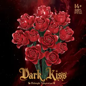 Red Rose Building Blocks Bouquet, Artificial Flower Plant Decor Set, Gothic Style Desk Ornament, DIY Assembly Gift, 546 Pieces