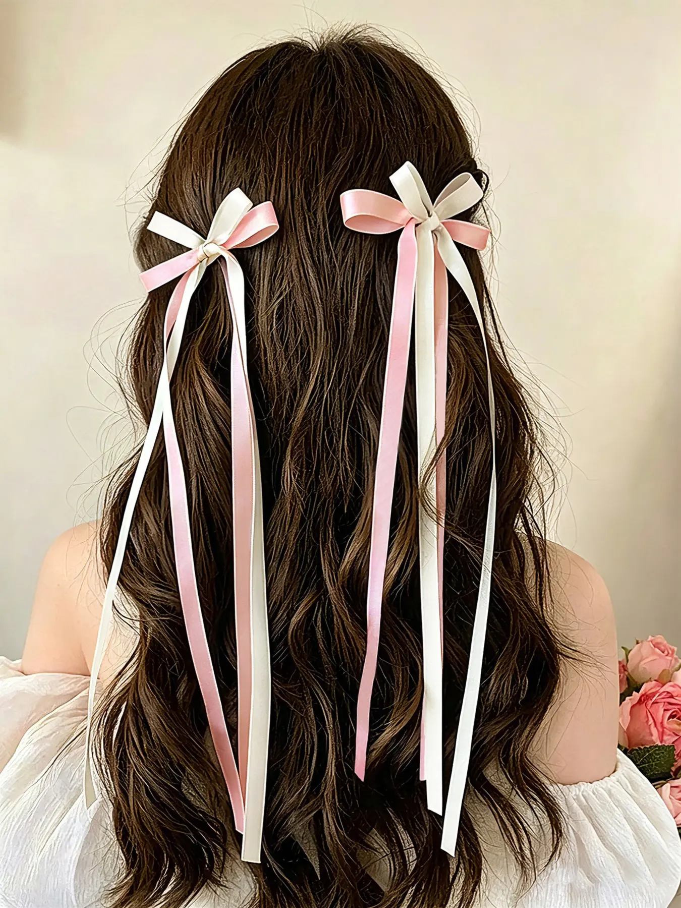 2pcs Spring Summer Sweet Ballet Bow Ribbon Duckbill Clips, Cute Twin Braid Hair Tie, Braiding Clip Headwear, Duckbill Clamps, Hair Clip Set