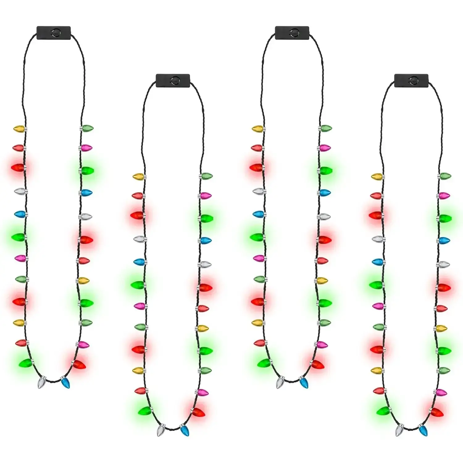 Light up Christmas Necklace, 4pcs Xmas Bulb Necklaces Accessories Bulk, Colorful Glow 3D Xmas Bulb Necklaces Decor, 3 Modes Light Necklace Decor for Ugly Sweater New Year Family Party Supplies