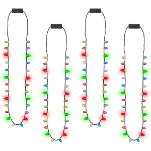 Light up Christmas Necklace, 4pcs Xmas Bulb Necklaces Accessories Bulk, Colorful Glow 3D Xmas Bulb Necklaces Decor, 3 Modes Light Necklace Decor for Ugly Sweater New Year Family Party Supplies