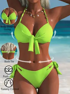Butterfly Knot Halter Split Bikini, High Waist Tie Side Triangle Bottom Swimwear, Sexy Fitted Push-Up Bikini Set for All Seasons