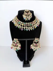 Bollywood Polki Riva Necklace Set with Earrings and Tikka