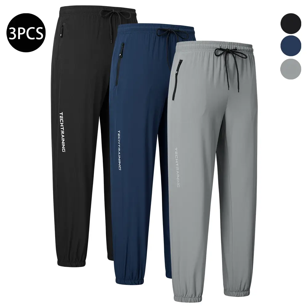 Men's 3-Pack Full-Length Fitted Stretch Long Joggers - Elastic Waist, Elastic Ankle Cuffs, Zippered Pockets, Letter Print, Casual Comfy, Sporty, Fitness Outfit for Running, Workouts, Casual Comfy Joggers, Sporty Joggers