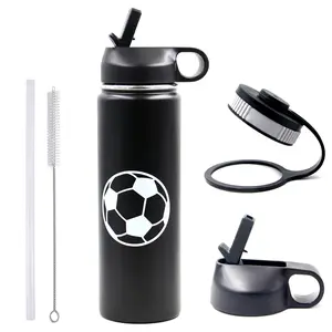 22 oz Soccer Water Bottle with Straw, Sports Flask Metal Travel Tumbler with 2 Lids, BPA Free Stainless Steel Double Wall Vacuum Insulated Leak Proof Thermo Water Bottles, Soccer Gifts for Boys Girls