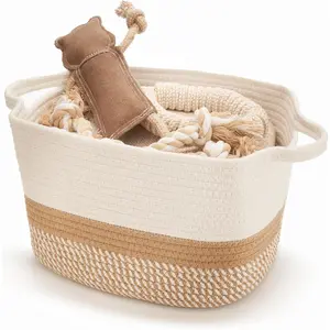 Cotton Rope Storage Basket Woven with Handles Decorative for Dog Toys Magazines Books Room Organization Gift