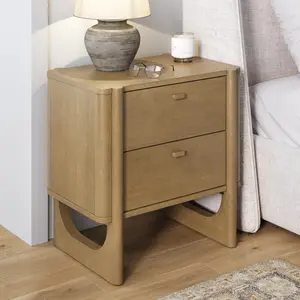 Mid Century Modern 2-Drawer Solid Wood Nightstand Light Brown