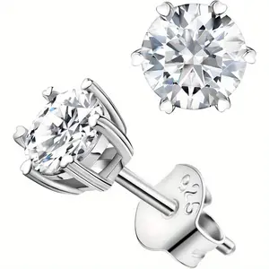 Clissic Lab-Created Moissanite Stud Earrings S925 Silver Solitaire Six-Prong Moissanite Stud Earrings For Women Wedding Fine Jewelry Anniversary Engagement Dating