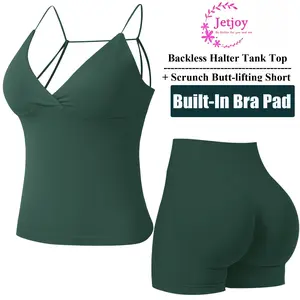 Sports Tank Top Workout Sets for Women 2 Piece, Gym Outfits Seamless Longline Halter Backless Crop Top Scrunch Bum Shorts Tracksuit  Women's 2 Piece Workout Set Backless Halter Top & Scrunch Butt Lift Shorts Seamless Sporty Clothes SpringS