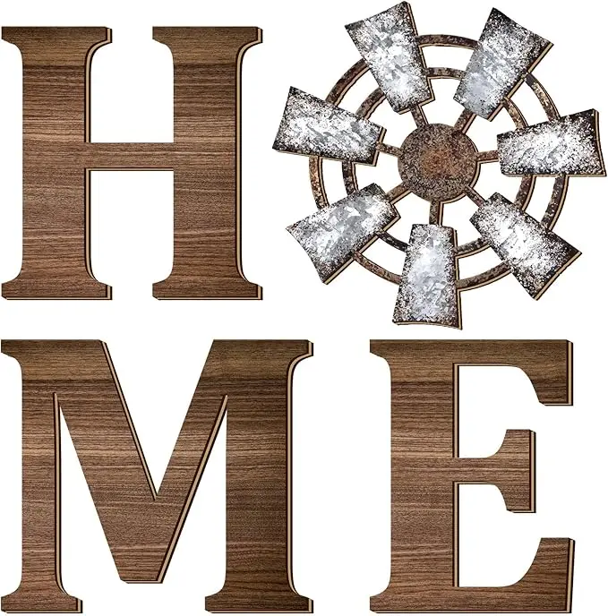 Farmhouse Wall Decor Wooden Home Sign with Metal Windmill for O Rustic Hanging Letters Decorative Art Signs Living Room Kitchen Bedroom Entryway House, Brown
