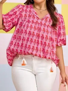 Pink 100% Cotton Plus Size Floral Print Blouse for Women Summer V Neck Top with Tassel Tie Puff Short Sleeves Casual Loose Fit Shift Shirt Daily Wear