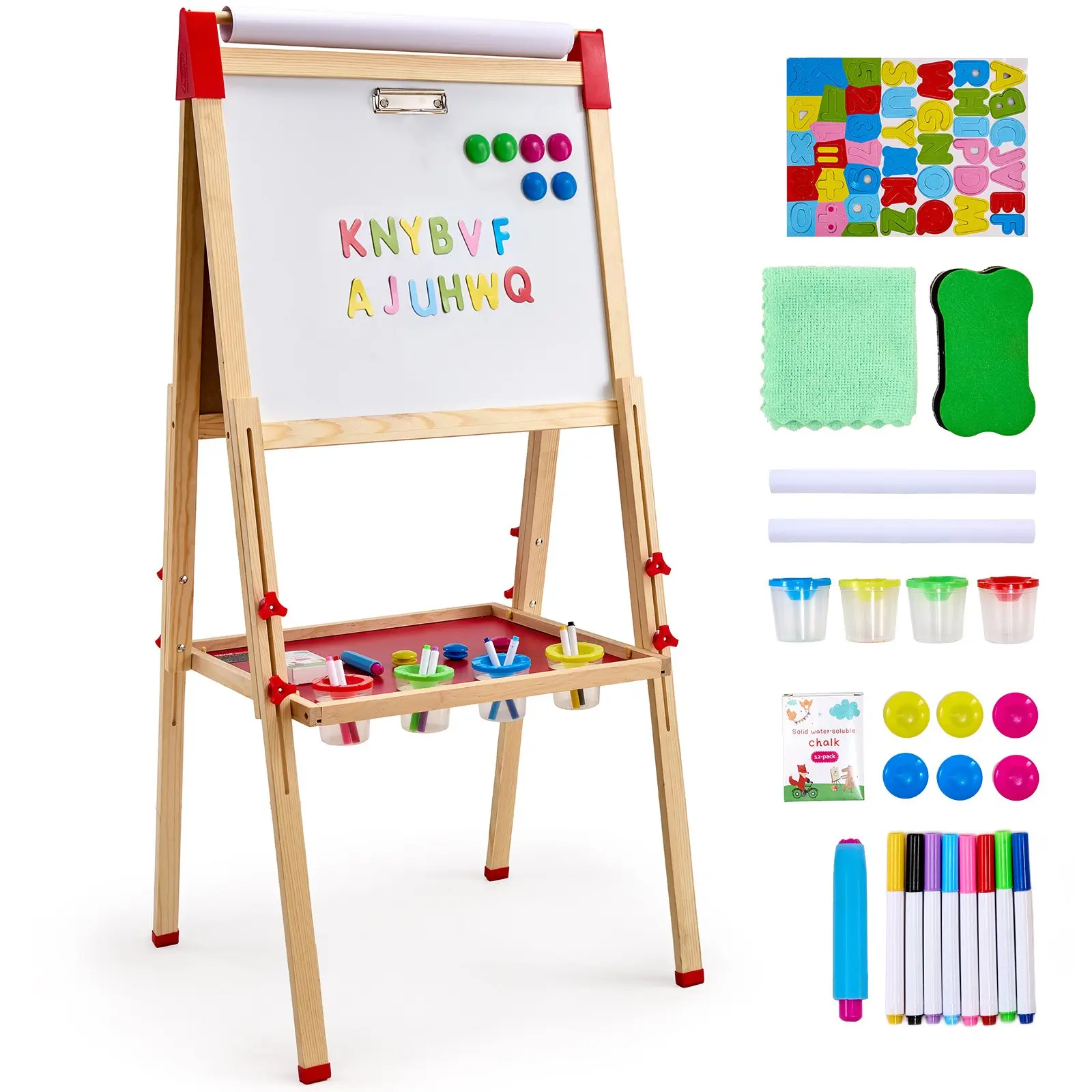 VEVOR Art Easel for Kids, 3-in-1 Wooden Double-Sided Kid's Art Easel with Magnetic Whiteboard, Chalkboard Paper Roll, Adjustable Standing Drawing Board with Painting Accessories for Boys and Girls