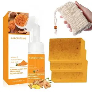 Turmeric Cleansing Mousse & Soap Set, 1 Count Facial Cleanser & 1 Count Turmeric Soap, Facial Skin Care Product for Women & Men Face Wash
