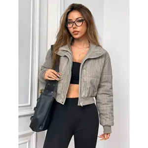 Women's Khaki Tie-Dye Ribbed Padded Coat Long Sleeve Polyester Jacket with Funnel Neck & Drop Shoulder Fit