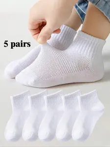 5 Pairs Kids Socks, Breathable Sweat-Absorbing Short Sports Socks, Mesh Thin Comfortable Soft Low Cut Casual Outdoor Wear, Casual Stylish Socks