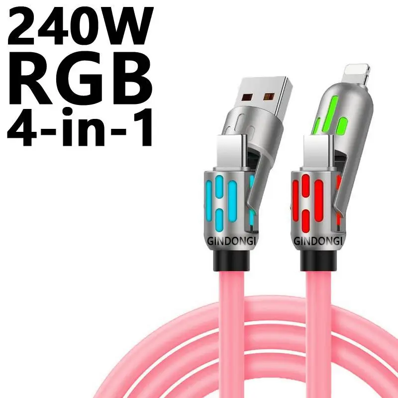 240W Super Fast Charging Cable - 4-in-1 Multi-Functional Charger with USB-Type-C-Lightning Connectors, Breathing LED Light for Smartphone, Cellphone, Mobile Devices (Party Gift, Home Supply)