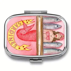 Mermaid Sardine Mini Metal Storage Box, Dual Compartment Portable Gift Box for Medicines, Vitamins, Jewelry, Earrings, Organiser