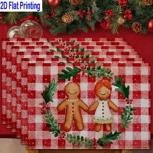 1PC/4Pcs/6Pcs 2D Flat Printed Gingerbread Couple Christmas Watercolor Style Table Mats, Placemats, Kitchen Decorative Placemat, Heat-resistant Kitchen Table Mats, Home Restaurant Table Mats, Outdoor Picnic Table Cloth Mats, Etc