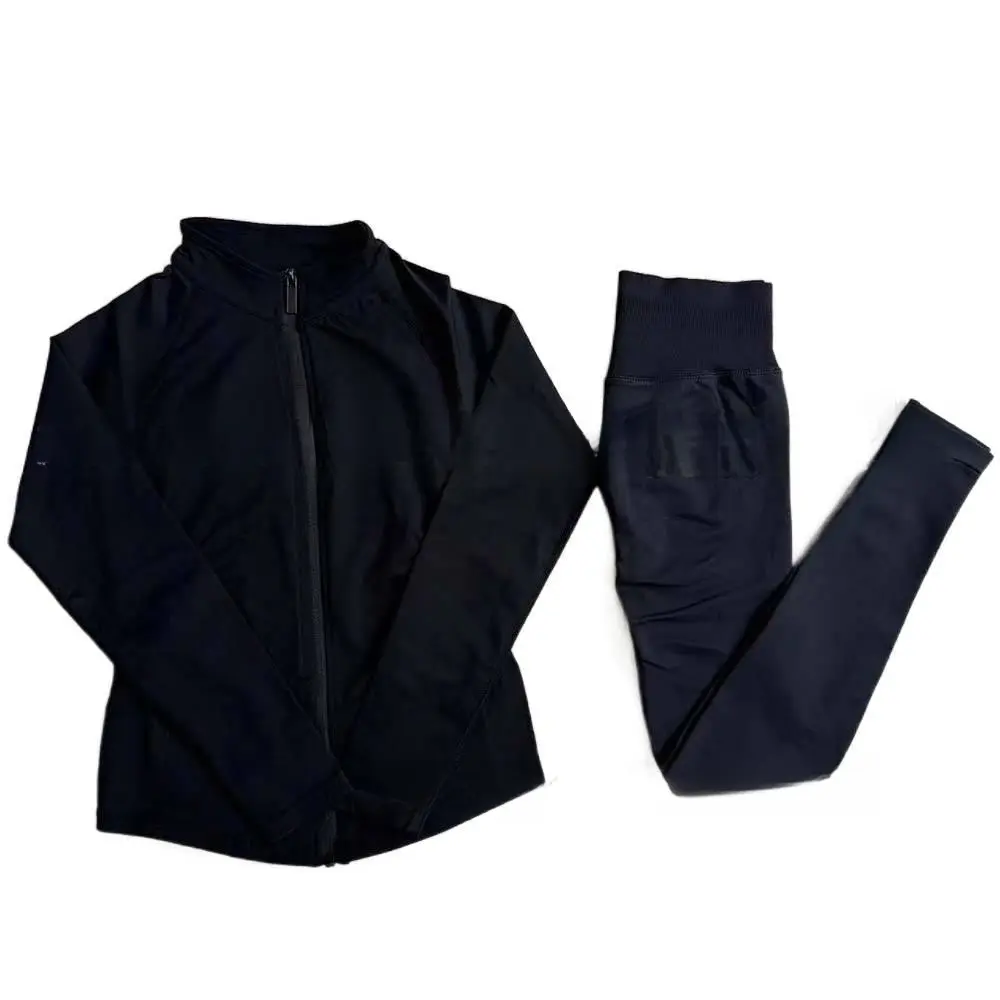 DFYNE Women's 2 Piece Seamless Workout Set - Full Zip Stand Collar Jacket & High Waisted Leggings Outfit
