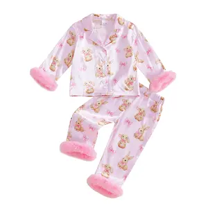 Kids Girl Easter Silk Pajamas Set Bunny Print Feather Trim Long Sleeve Shirt Top Pants Nightwear Sleepwear Pjs