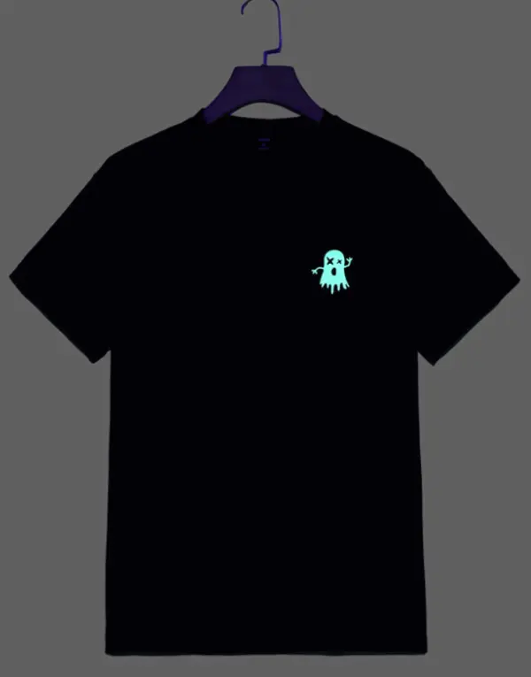 Cool Unisex Summer Cotton Oversize Tee | Glow In The Dark Mini Ghost Chest Print, For Halloween Party Night Skate Urban Casual Outfits, Soft Breathable Heat Transfer Loose Fit