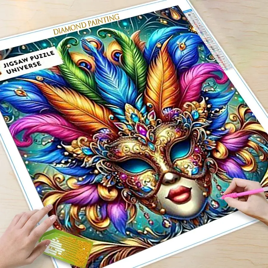 Mask Feather Pattern DIY Diamond Arts Colorful Painting Kit without Frame, DIY 5D Diamond Arts Colorful Painting Kit, Wall Art Decor for Home